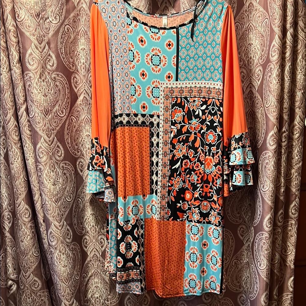 Emerald Women's Midi Dress with Orange and Blue Patterns